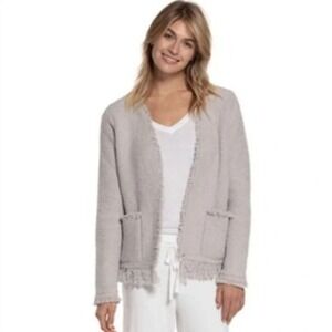 Barefoot Dreams CozyChic Cardigan Light Gray Open‎ Front Fringe Size Medium